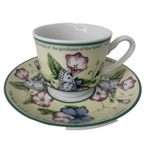 Vintage Psalm 33:5 Tea Cup & Saucer Yellow Floral and Butterflies RARE